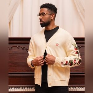 Carmico Cream Embroidered Strawberry and Cherry Cardigan Sweater